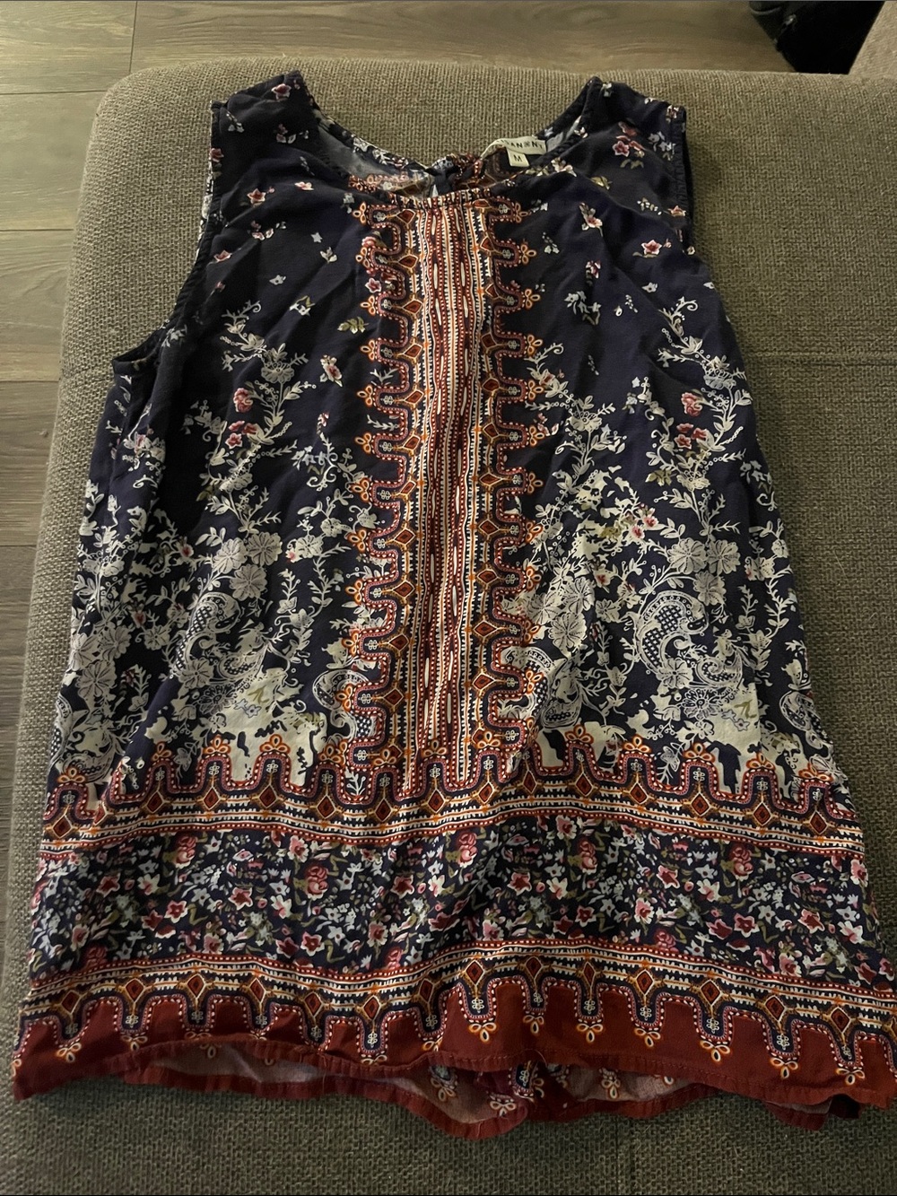 Artisan NY Navy Floral Boho Tank with Rust Border